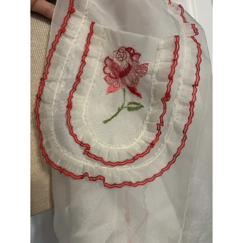 Vintage‎ Handmade Sheer Kitchen Apron Floral Rose White Red Trim
